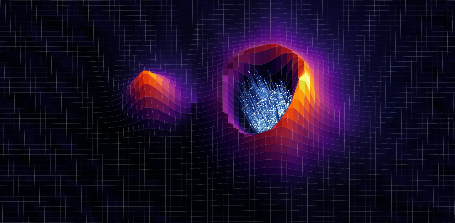 A 3D surface of a guiding-camera image: the target star forms a bright crater with the fibre in its centre, drawn as a bundle of glowing blue strands, and a smaller companion peak rises beside it.